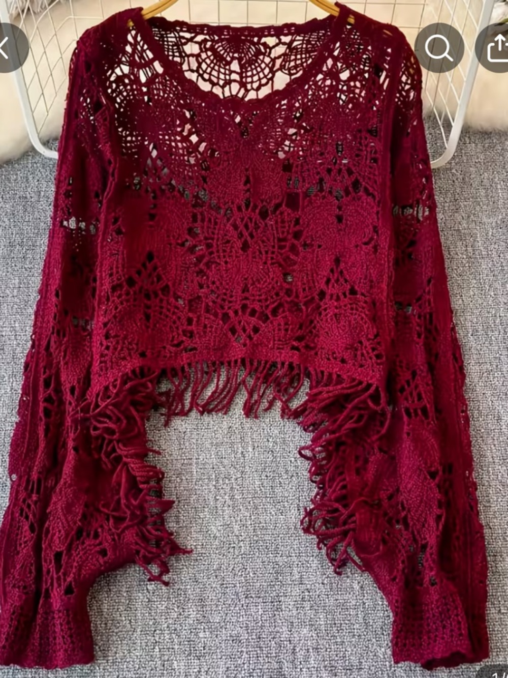 New without tags Girls' Wine Red Crochet Openwork Fringe Sweater Top